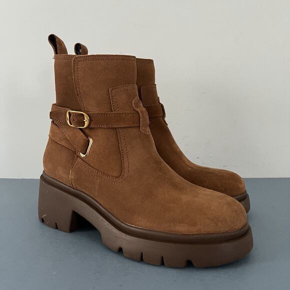 Steve Madden Coletta Lug Sole Tan Suede Buckle Ankle Booties - Picture 2 of 9